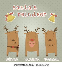 Set of labels with Santa's reindeer. Cartoon characters. Vector format. Blitzen, Rudolph, Donner. Eps 10