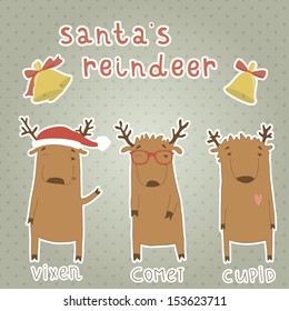 Set of labels with Santa's reindeer. Cartoon characters. Vector format. Vixen, Comet, Cupid. Eps 10