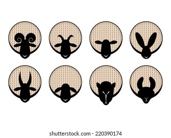 Set of labels with sheep, ram, camel, alpaca, ram, goat and rabbit.