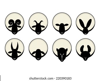 Set of labels with sheep, ram, camel, alpaca, ram, goat and rabbit.