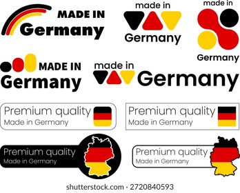 Conjunto de etiquetas que muestran Made in Germany en colores nacionales y varios diseños para el marcado de productos
