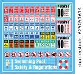 Set of Labels and Signs of Swimming Pool Safety Rules and Regulations for using at Pool Area