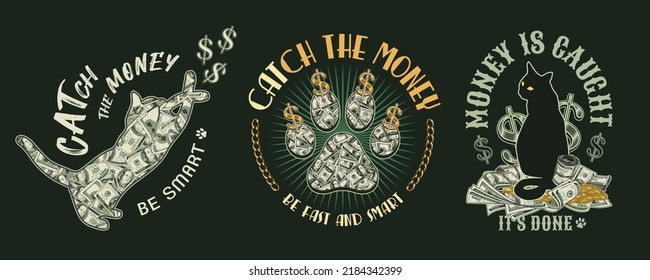 Set of labels with silhouette of cat, 100 US dollar bills, gold coins, cats paw footprint, dollar sign, text. Emblem on a dark background. Creative concept for apparel, t shirt design