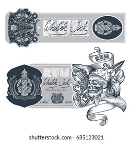 Set of labels with Skull smoking pipe and whale in engraving style. Vector marine design elements on white