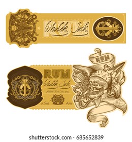 Set of labels with skull smoking pipe and whale in engraving style. Vector marine design elements on white