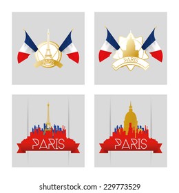 a set of labels and skylines of paris with silhouettes of famous places