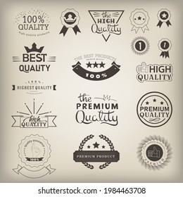 Un conjunto de etiquetas, eslóganes y frases para emoticones que indican una calidad alta o superior del producto. Iconos, símbolos y etiquetas de productos de alta calidad