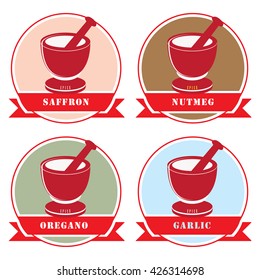 A set of labels for spices. A variety of spices used in cooking.