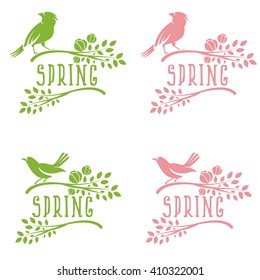 Set of labels of spring birds in branches with leaves and flowers. Vector illustration