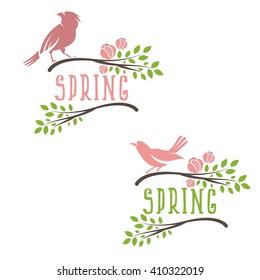 Set of labels of spring birds in branches with leaves and flowers. Vector illustration