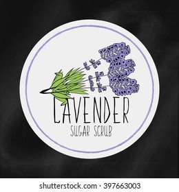 A set of labels with the staff infrastructure for health and beauty. Lavender sugar scrub for body, hands and face. Vector 