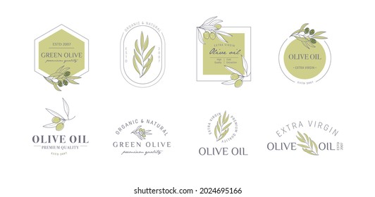 Set of labels, stamps, tags for olive oil, soap, cosmetics, spa salon. Minimal linear style. Vector illustration