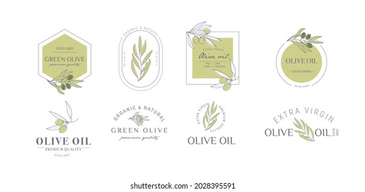 Set of labels, stamps, tags for olive oil, soap, cosmetics, spa salon. Minimal linear style. Vector illustration