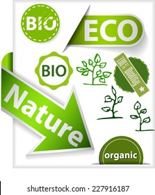Set of labels and stamps with word bio, eco, organic and nature