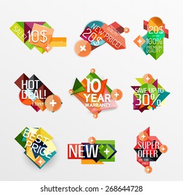 Juego de etiquetas, pegatinas, banners, insignias y elementos a la venta. Ilustración del vector