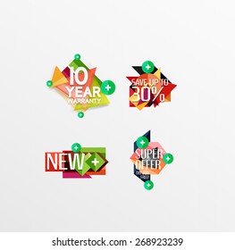 Juego de etiquetas, pegatinas, banners, insignias y elementos a la venta. Ilustración del vector
