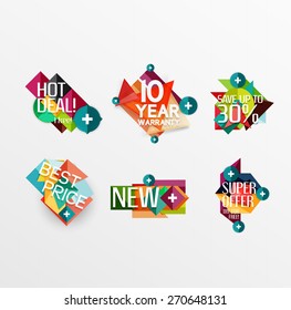 Juego de etiquetas, pegatinas, banners, insignias y elementos a la venta. Ilustración del vector