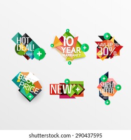 Juego de etiquetas, pegatinas, banners, insignias y elementos a la venta. Ilustración del vector