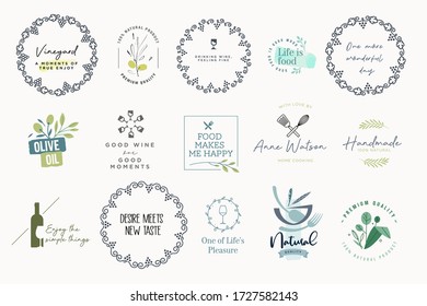 Set of labels and stickers for food and drink. Vector illustrations for graphic and web design, marketing material, restaurant menu, organic products presentation, packaging design.