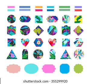 Set of labels, stickers, gift tags, Wash Tape Strips, decor and design elements. Isolated