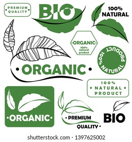 Set of labels, stickers for organic food, beverages and natural products. Vector illustration. Concepts for packaging design, web design, promotional materials.