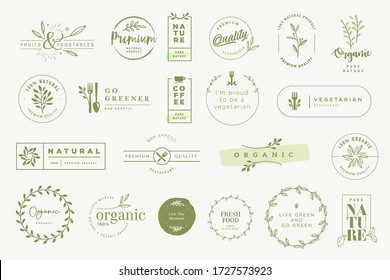 Set of labels and stickers for organic and natural products. Vector illustrations for graphic and web design, marketing material, restaurant menu, food and drink,  packaging design.