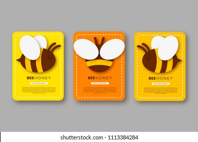 Set of labels or stickers with paper cut style bee. Template design for beekeeping and honey product. Yellow and orange background, vector illustration.