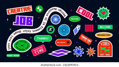Set of labels, stickers, patches, tags, shapes, and pins for modern UI design. Sticker Pack. Collection of trendy pins. Vector illustration