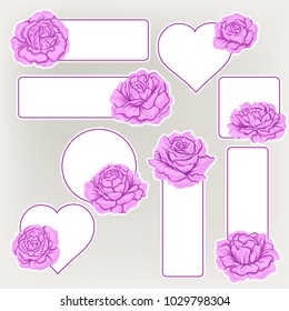 Set of labels, stickers with pink roses isolated on white background. Hand drawn colorful vector illustration without transparent and gradients.