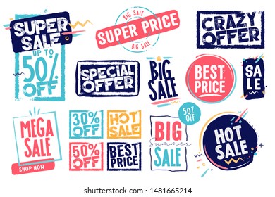 Set of labels and stickers for sale, product promotion, special offer, shopping, e-commerce. Isolated vector illustrations for web design and marketing material.