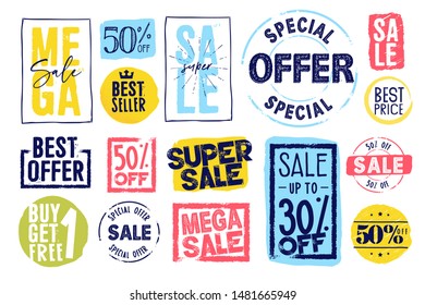 Set of labels and stickers for sale, product promotion, special offer, shopping, e-commerce. Isolated vector illustrations for web design and marketing material.