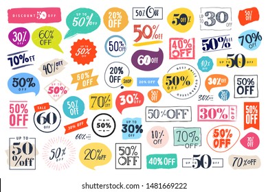 Set of labels and stickers for sale, product promotion, special offer, shopping, e-commerce. Isolated vector illustrations for web design and marketing material.