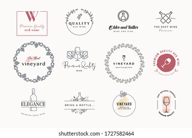 Set mit Etiketten und Aufklebern für Wein. Vector Illustrationen für Grafik und Web-Design, Marketingmaterial, Restaurant-Menü, Weinliste, Produktpräsentation, Verpackungsdesign.