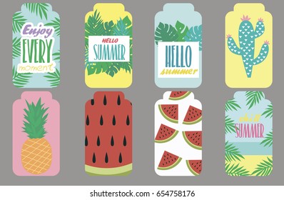 Set of labels with summer objects. Vector illustration