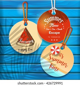 Set of labels for the summer on a blue wooden background. Summer time. The tag for the advertising and web design. Vector graphics.