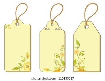 Set of labels tags with floral pattern and ropes. Vector