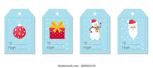 A set of labels and tags for gifts with Christmas elements. Christmas tree toy, gift box, snowman and Santa Claus. Cute illustrations in a flat style on a blue background with snowflakes. Vector.