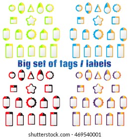 Set of labels, tags of various shapes and colors. For design of labels, tags on clothes, goods, wares. On field for text. For sales and shares