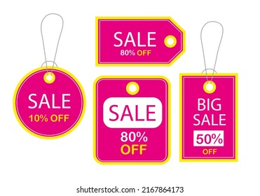 Set of SALE tags and labels, template shopping labels pink yellow. Blank, discount and price tags. Trendy colours. Special offer. Vector illustration isolated on white background.