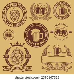 Set of labels templates with beer mug. Beer emblems. Bar. Pub. Design elements for logo, label, emblem, sign, brand mark. Vector illustration.