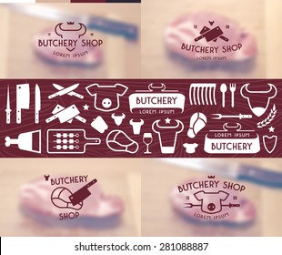 Set of labels templates and logo of butchery meat shop and design elements on blurred background