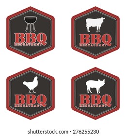 Set of labels with text and barbecue elements. Vector illustration