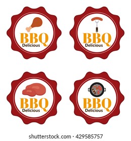 Set of labels with text and different bbq icons on a white background