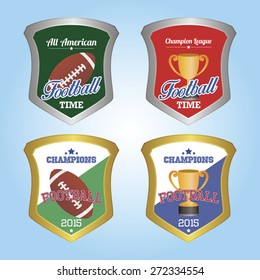 Set of labels with text and football balls or trophies. Vector illustration