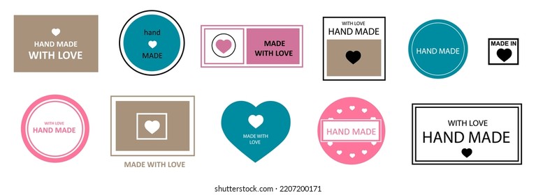 Set of Labels with text handmade, made with love. Stickers of different shapes with for crafts, needlework.Badges in vintage style. Vector illustration.