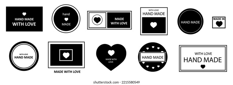 Set of Labels with text handmade, made with love. Stickers of different shapes with for crafts, needlework.Badges in vintage style. Vector illustration.	