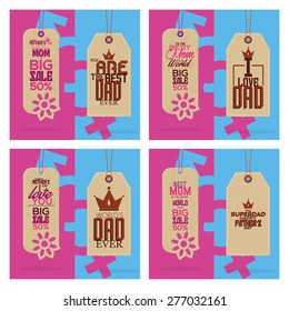 Set of labels with text for mother and father's day. Vector illustration