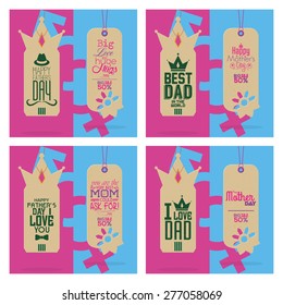 Set of labels with text for mother and father's day. Vector illustration
