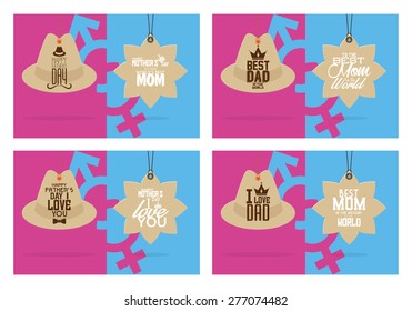 Set of labels with text for mother and father's day. Vector illustration