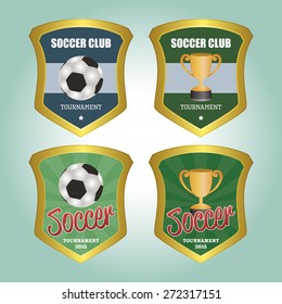Set of labels with text and trophies or soccer balls. Vector illustration